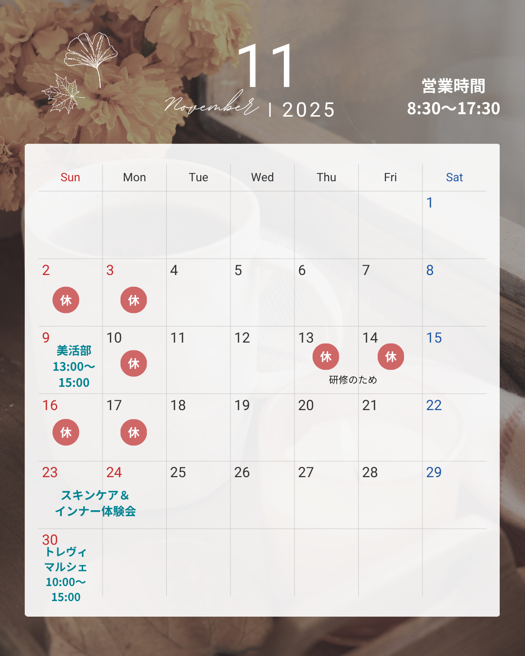 今月のお休みのご案内